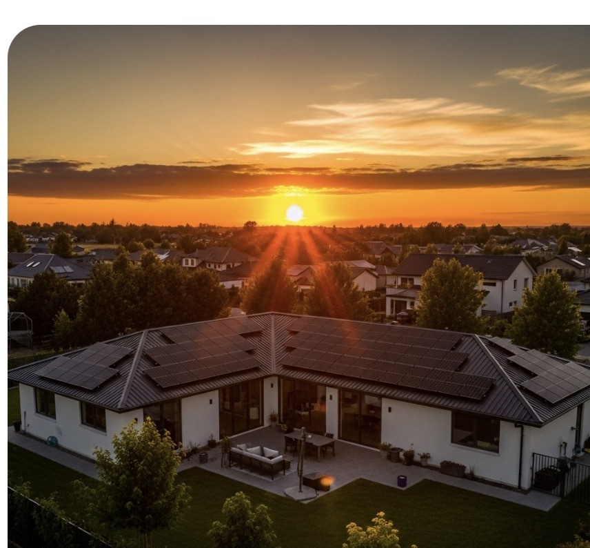 Suburban home with rooftop solar panels at sunset