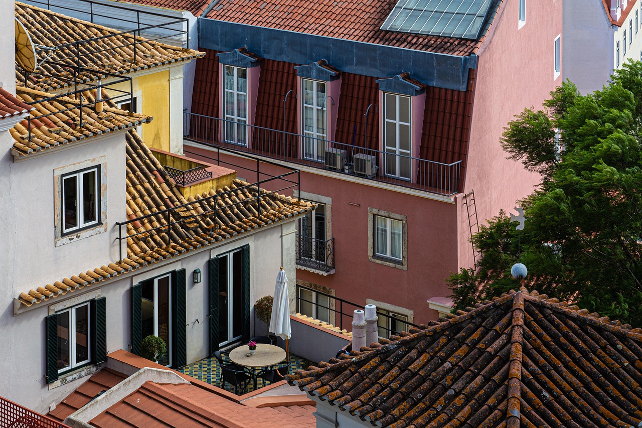 Rooftop solar panel above a residential neighborhood